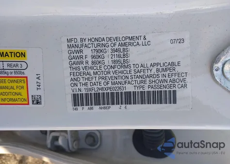 2023 Honda Civic Sport z USA, uszkodzony, nr VIN 19XFL2H8XPE022631